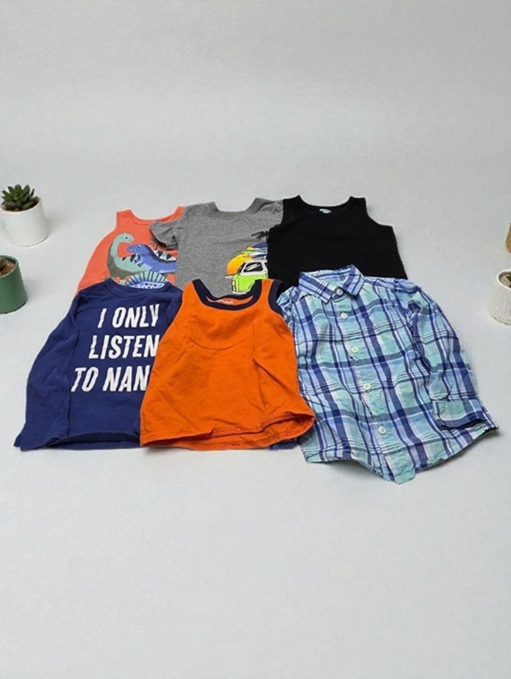 Lot of 6 Boy's 2T Tops Shirts Tees Tank Flannel Dinosaur Nan Plaid